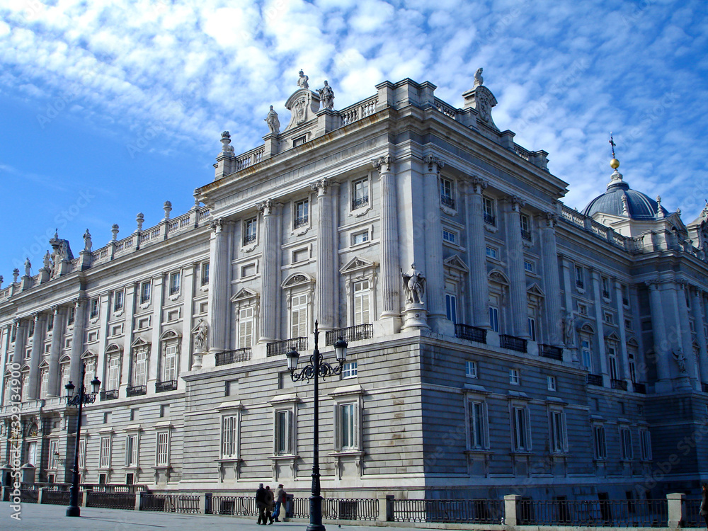 Facade of the Royal Palace in Madrid, Spain. Beautiful famous tourist attraction.