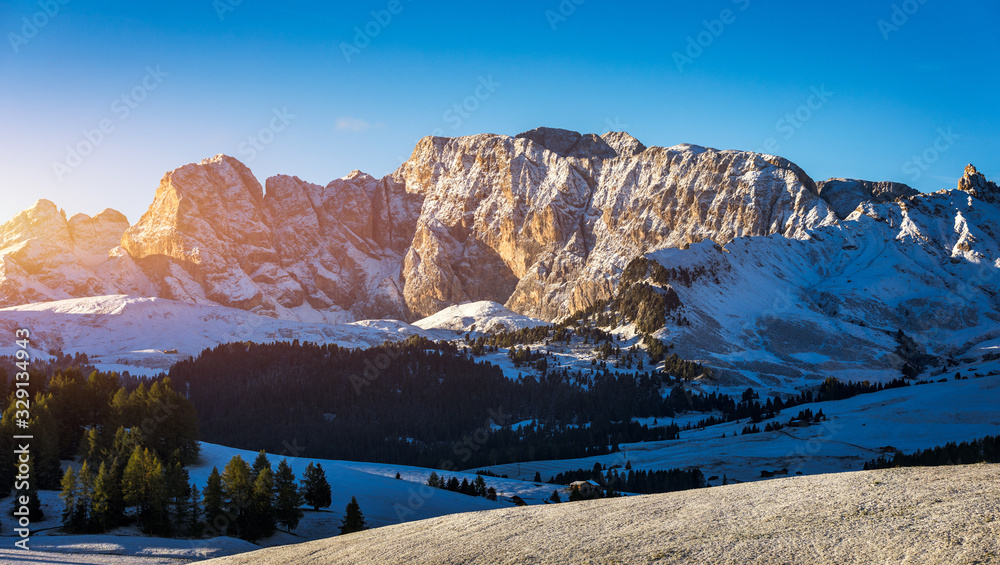 Alpe di Siusi or Seiser Alm with Sassolungo, Langkofel mountain group in background. Alpe di Siusi or Seiser Alm, Sassolungo and Sassopiatto mountains, Trentino Alto Adige, Sud Tyrol, Italy, Europe.