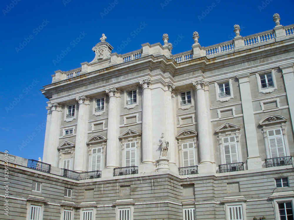 Facade of the Royal Palace in Madrid, Spain. Beautiful famous tourist attraction.