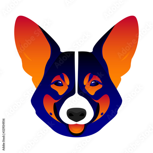 Abstract welshcorgi dog head isolated on white. Graphic cartoon corgi dog portrait painted in imaginary colors for design card, invitation, banner, book, scrapbook, t-shirt, poster etc.
