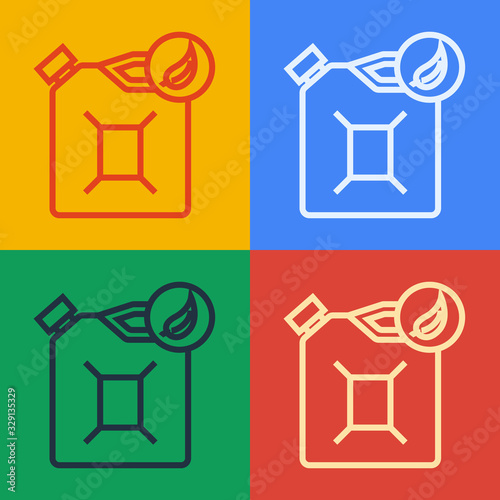 Pop art line Bio fuel canister icon isolated on color background. Eco bio and barrel. Green environment and recycle. Vector Illustration