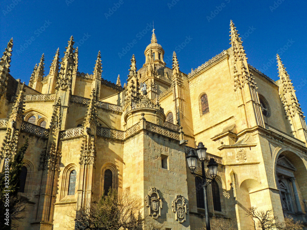 Cathedral of Segovia, Spain. Beautiful gothic architecture against the blue sky.