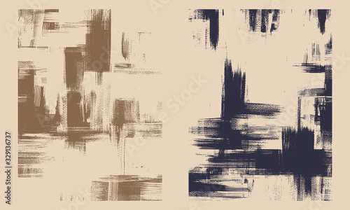 Rough oil paint strokes on canvas. Set of two abstract paintings, cross hatching monochrome grungy background
