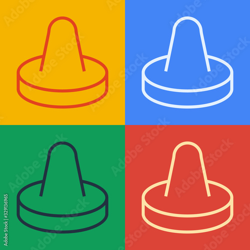 Pop art line Mallet and puck for playing air hockey game icon isolated on color background. Vector Illustration