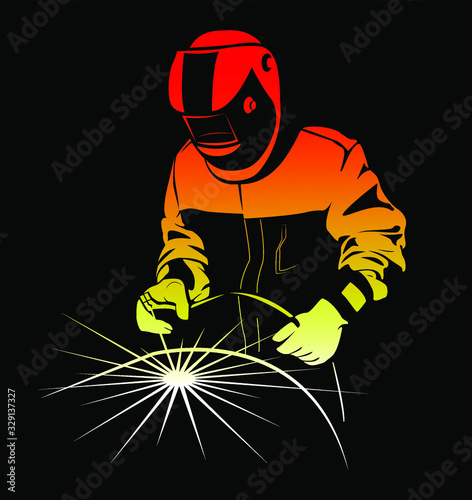 Welder weld a large pipe by welding. Image of a welder on a black background.