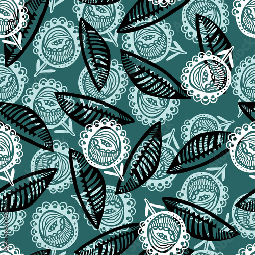 Modern seamless vector abstract pattern with simple ornamental flowers in marine colours on black background. Can be used for printing on paper, stickers, bijouterie, cards, textiles, sheets. 
