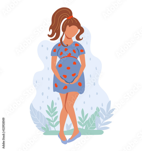 Young pregnant woman suffering from desire to pee. Expectant mother wants to use the toilet. Flat vector illustration on white background.