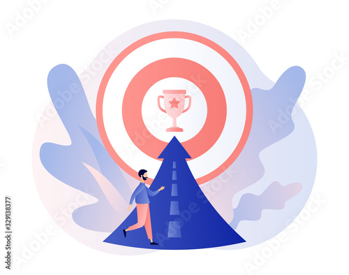 Efforts to achieve target. Perseverance, Challenge, Career and personal growth. Tiny businessman running towards the goal. Modern flat cartoon style. Vector illustration on white background