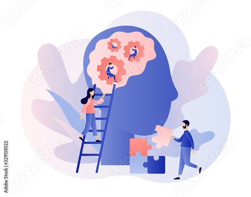 Psychology. Psychotherapy practice, psychological help, psychiatrist consulting patient. Psychologist online. Modern flat cartoon style. Vector illustration on white background