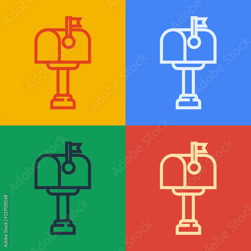 Pop art line Mail box icon isolated on color background. Mailbox icon. Mail postbox on pole with flag. Vector Illustration