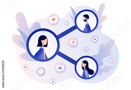 Share concept. Tiny people sharing data, links, photos, posts and news in social networks. Modern flat cartoon style. Vector illustration on white background