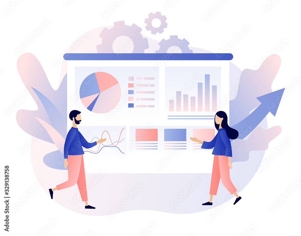 Data analytics consept. Business analysis. Tiny people are studying the infographic. Teamwork. Modern flat cartoon style. Vector illustration on white background Data analytics consept. Business analysis. Tiny people are studying the infographic. Teamwork. Modern flat cartoon style. Vector illustration on white background