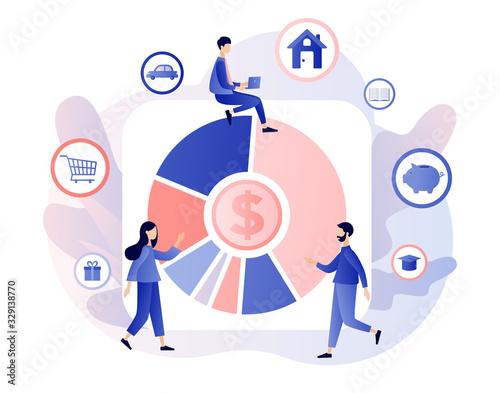 Budget management. Cash flow. Personal financial control. Tiny people is planning the personal budget. Modern flat cartoon style. Vector illustration on white background