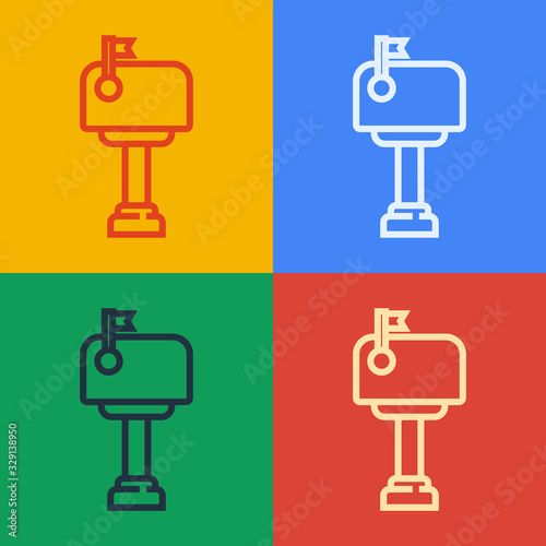Pop art line Mail box icon isolated on color background. Mailbox icon. Mail postbox on pole with flag. Vector Illustration