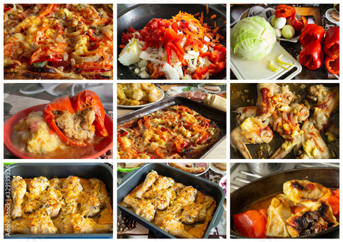 Collage from photography of meal with chicken meat