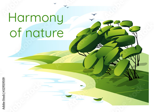 Summer/spring lanscape with tree on the lake isolated white background
