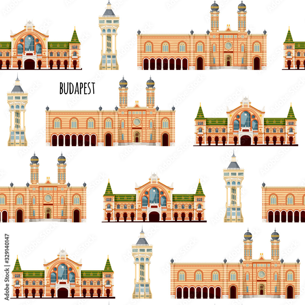 Sights of Budapest, Hungary. Margaret island water tower, Great market hall, Great synagogue. Seamless background pattern.