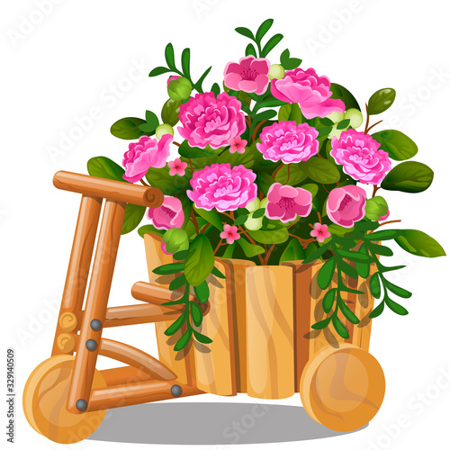 Flower pot in the shape of wooden cart with bucket with pink flowers isolated on white background. Vector cartoon close-up illustration.