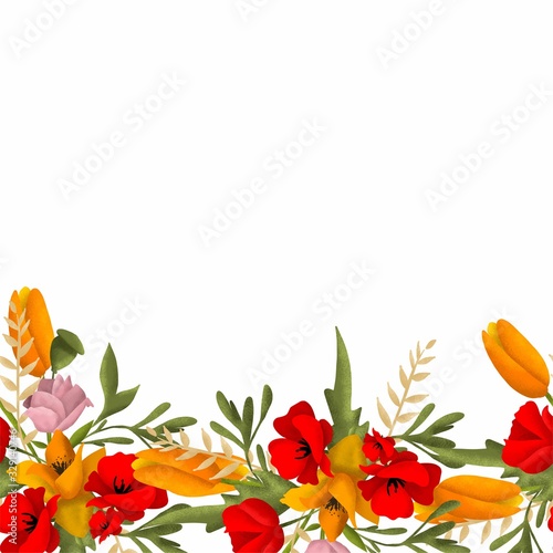 Decorative seamless border with flowers. for fabrics. wallpaper. decor. Maquis. Tulips. roses. greenery. yellow and red colors.