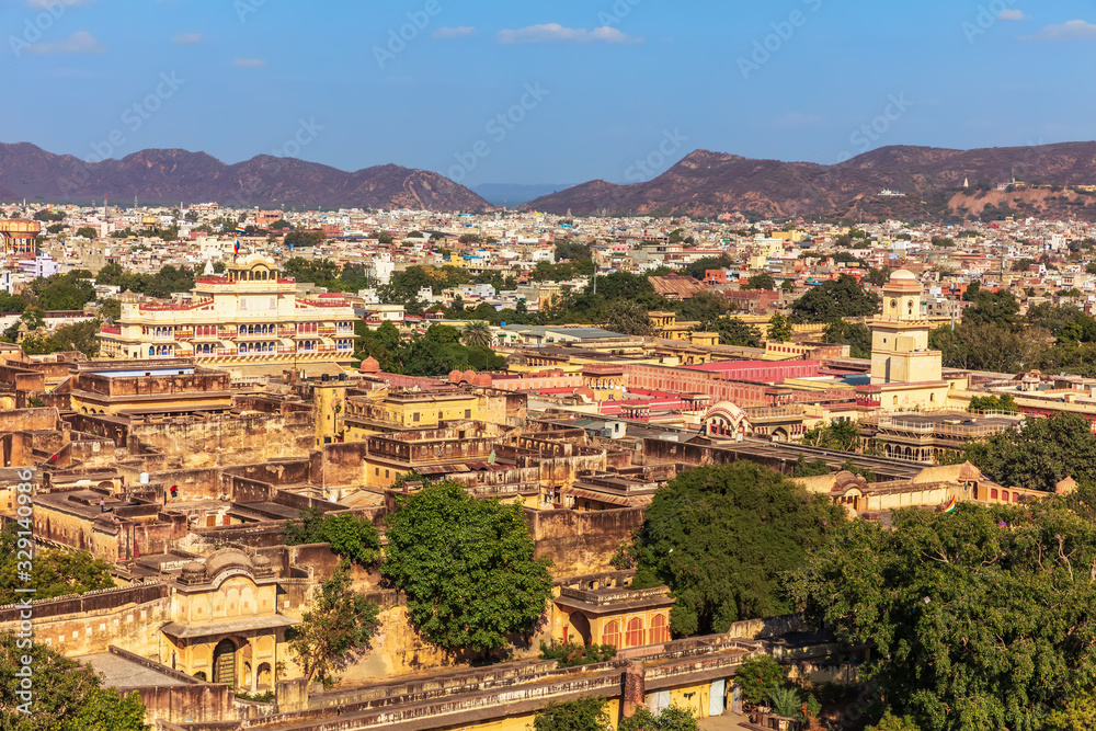 Pink City of Jaipur, eaerial view on the ancient buildings, India