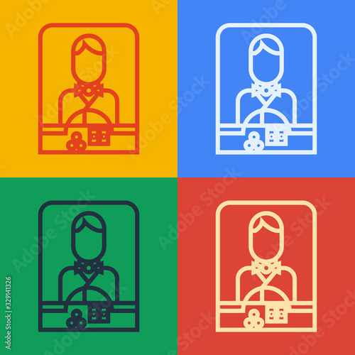 Pop art line Casino dealer icon isolated on color background. Casino croupier. Vector Illustration