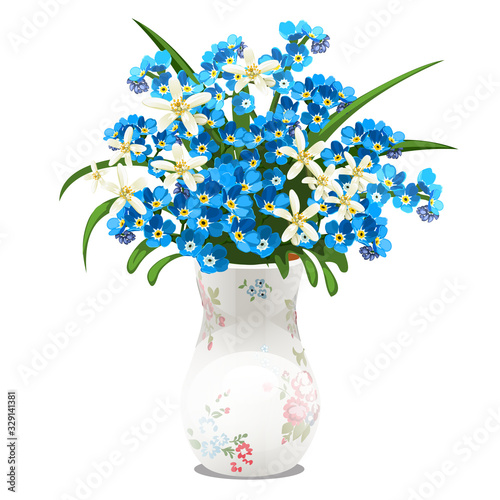 Bouquet of spring flowers and blue forget-me-nots in a porcelain vase isolated on white background. Vector cartoon close-up illustration.