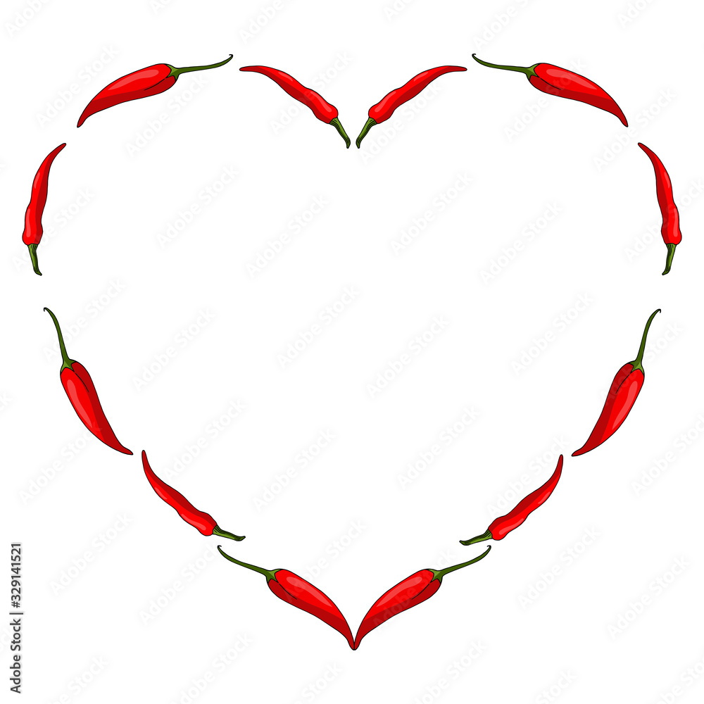 Heart frame with red hot chili peppers  on white background. Vector image.