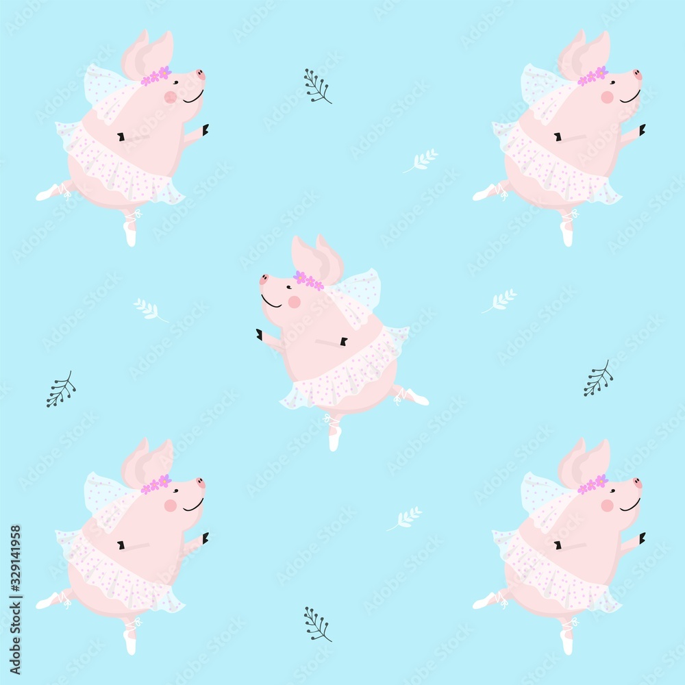 Seamless pattern cute pig ballerina dancing, cartoon design,vector illustration