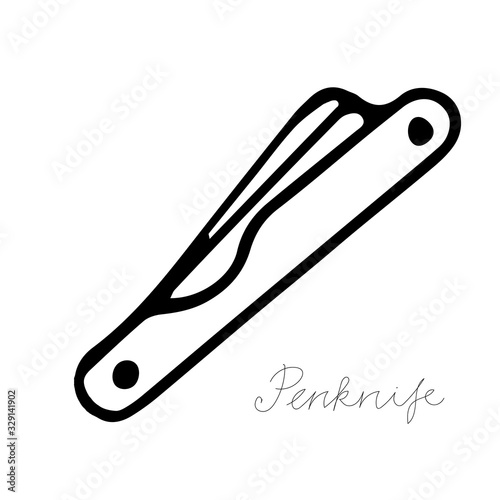 Hand-draw black vector illustration of metallic locksmith tool isolated on a white background with lettering penknife