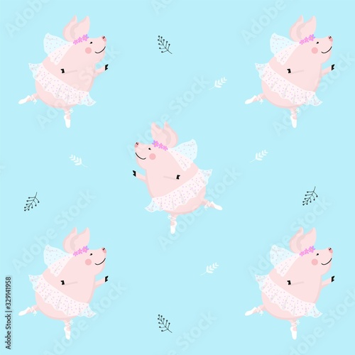 Seamless pattern cute pig ballerina dancing, cartoon design,vector illustration