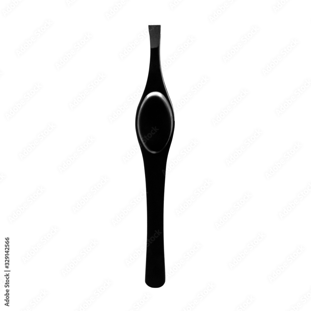 Black eyebrow tweezers on a white background isolated. Tools for master cosmetologists, for plucking hair. Cosmetic products for makeup and body care. Black eyebrow tweezers on a white background isolated. Tools for master cosmetologists, for plucking hair. Cosmetic products for makeup and body care.
