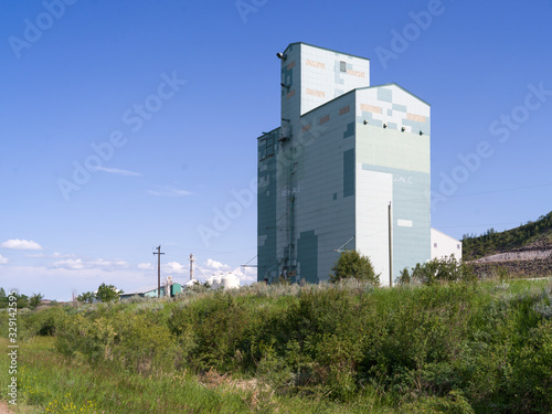 Low angle view of a grain elevator, Drumheller, Red Deer River, Alberta, Canada