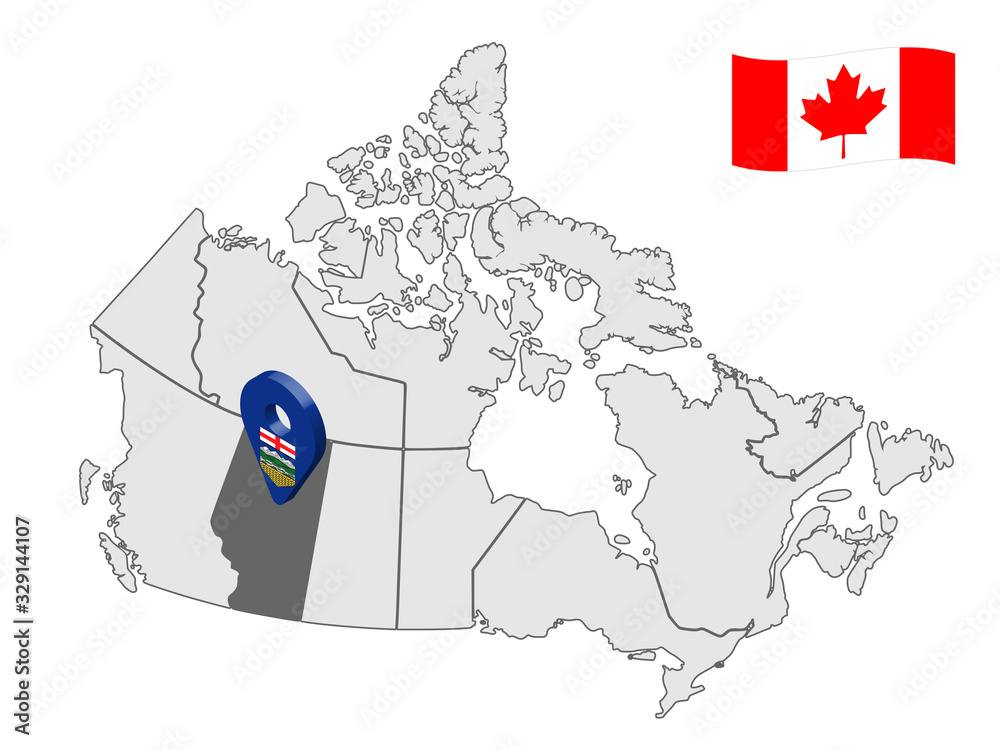 Location of Alberta on map Canada. 3d Alberta location sign. Flag of