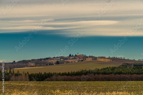 Svaty Jan nad Malsi village on hill in cloudy color day in south Bohemia photo