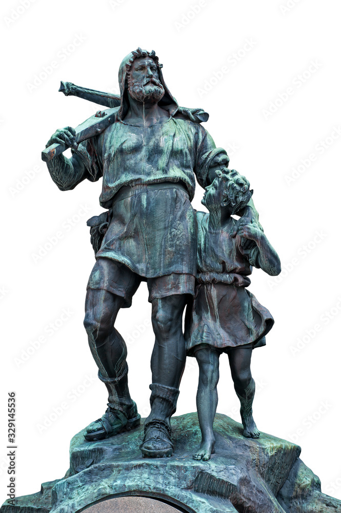 Statue of William Tell and his son, medieval folk hero of Switzerland against white background