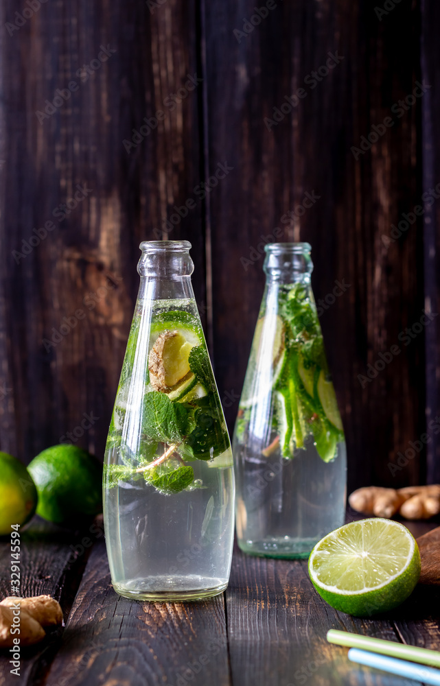 Homemade lemonade with lime, mint and ginger . Cold drinks. Recipes. Veganism. Healthy eating. Diet. Homemade lemonade with lime, mint and ginger . Cold drinks. Recipes. Veganism. Healthy eating. Diet.