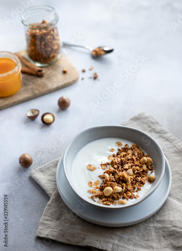 delicious yogurt with granola, nuts and honey in a bowl. healthy breakfast, snack. gray concrete background. horizontal image. copy space