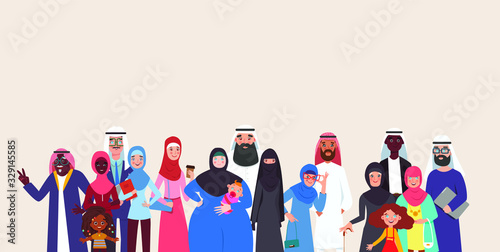 Group of muslim arabic people joined with happiness. Group young and old muslim people standing together. Colorful vector illustration in flat style.