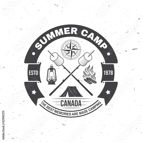 Summer camp. Happiness is toasted marshmallows. Vector. Vintage typography design with camping tent, campfire, marshmallow on a stick silhouette. Concept for shirt or print, stamp or tee