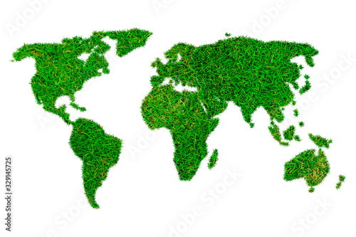Mapa mundi de todos los continentes hecho de hierva. 