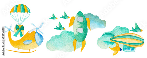 set of 4 watercolor airplanes illustration