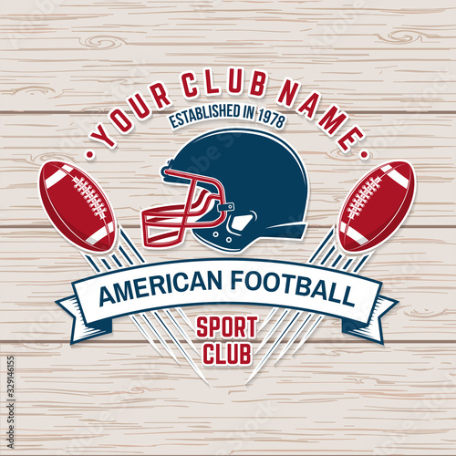 American football or rugby club badge. Vector. Concept for shirt, logo, print, stamp, tee, patch. Vintage typography design with american football ball and helmet silhouette