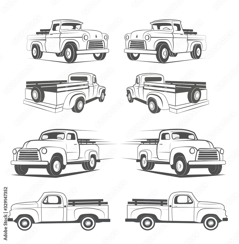 Set of vintage farming badge pickups design elements