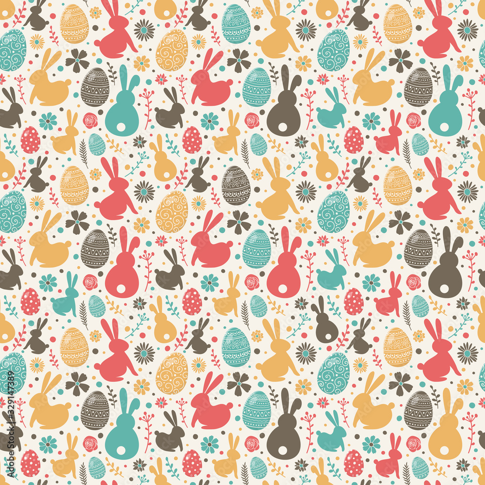 Fototapeta Easter composition with colourful eggs, bunnies and flowers. Seamless pattern. Vector