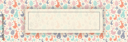Easter background with colourful eggs, bunnies and flowers. Template of banner. Vector