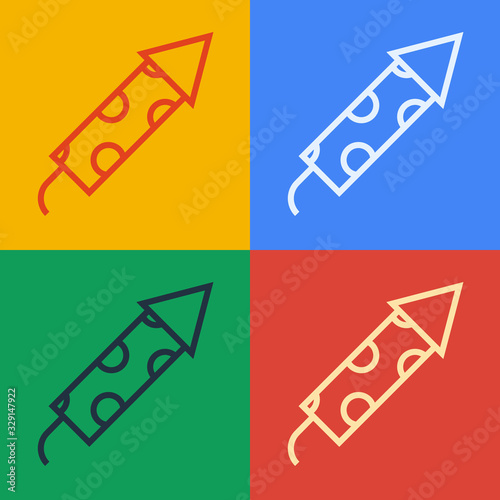 Pop art line Firework rocket icon isolated on color background. Concept of fun party. Explosive pyrotechnic symbol. Vector Illustration