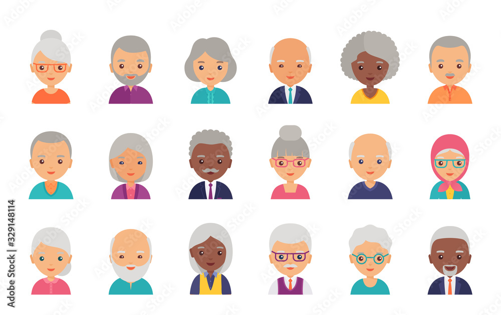 Old people avatar. Vector. Person flat icon. Elderly seniors. Set happy  grandfathers and grandmothers faces. Group retired grandparents characters  isolated on white background. Cartoon illustration. Stock Vector | Adobe  Stock