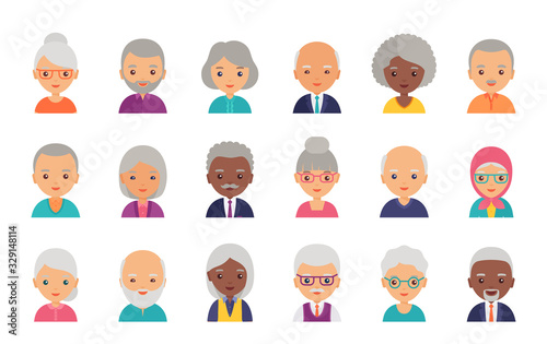 Old people avatar. Vector. Person flat icon. Elderly seniors. Set happy grandfathers and grandmothers faces. Group retired grandparents characters isolated on white background. Cartoon illustration.