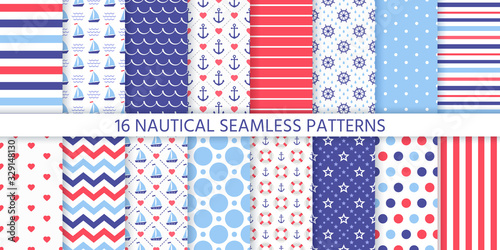 Nautical seamless pattern. Vector. Marine sea backgrounds with sailboat, anchor, wheel, stripe, zigzag, Lifebuoy. Set blue red prints. Geometric textures for baby shower, scrapbook. Color illustration photo