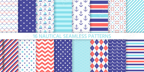 Nautical seamless pattern. Vector. Marine sea backgrounds with anchor, sailboat, waves, zigzag and stripes. Set blue summer texture. Geometric print for baby shower, scrapbooking. Color illustration